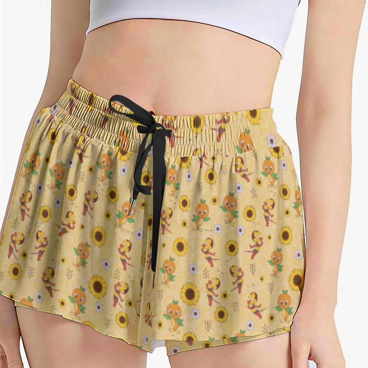 Cheerful Bee & Citrus Bird - Women's Flowy Pocket Shorts