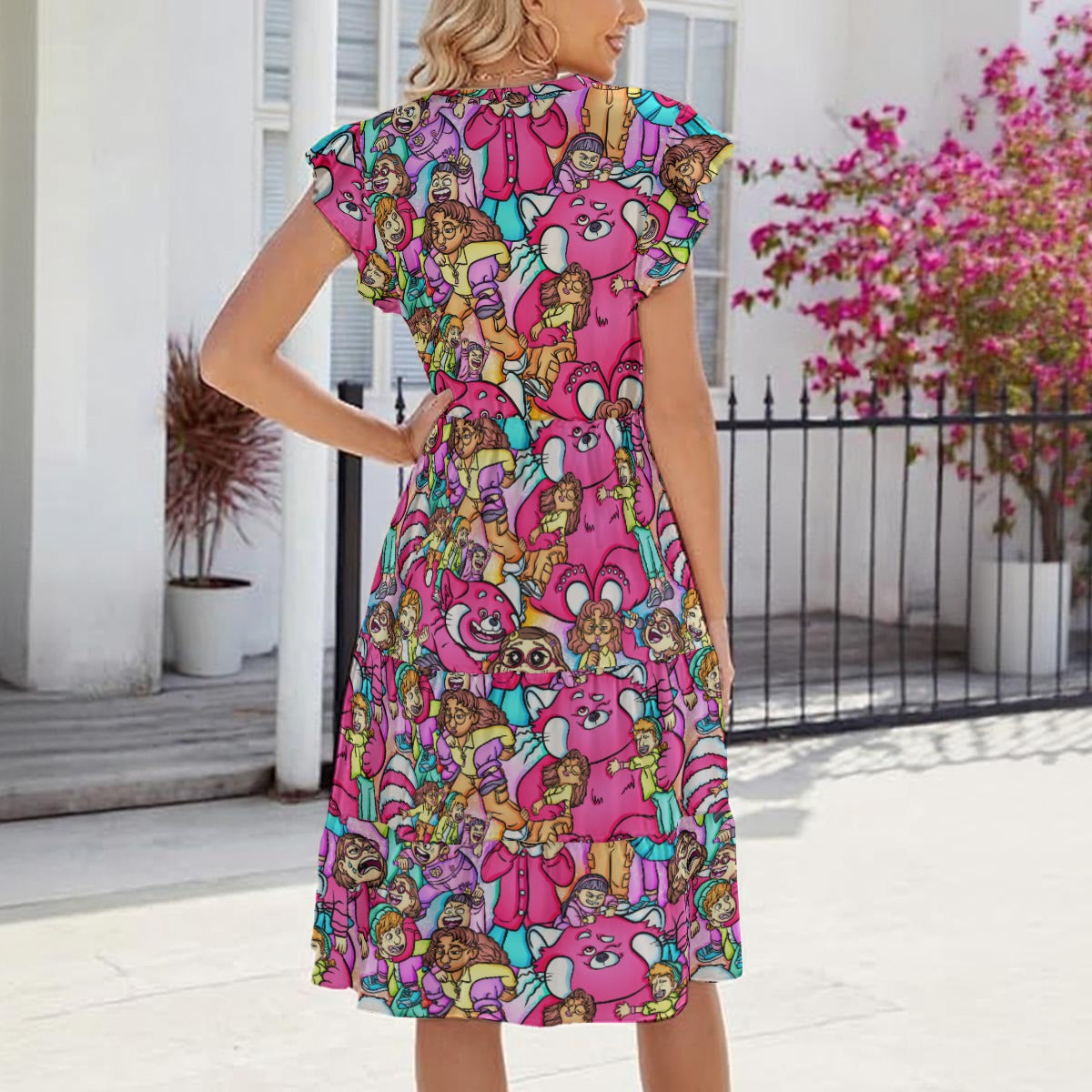 Red Panda Chaos Scenes - Women's Tiered Pocket Midi Dress