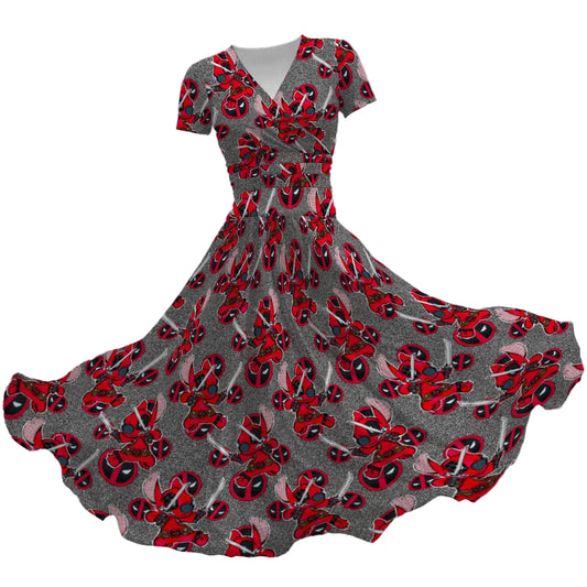 Superhero Stitch - Red Masked Hero - Women's V-Neck Ruched Midi Dress