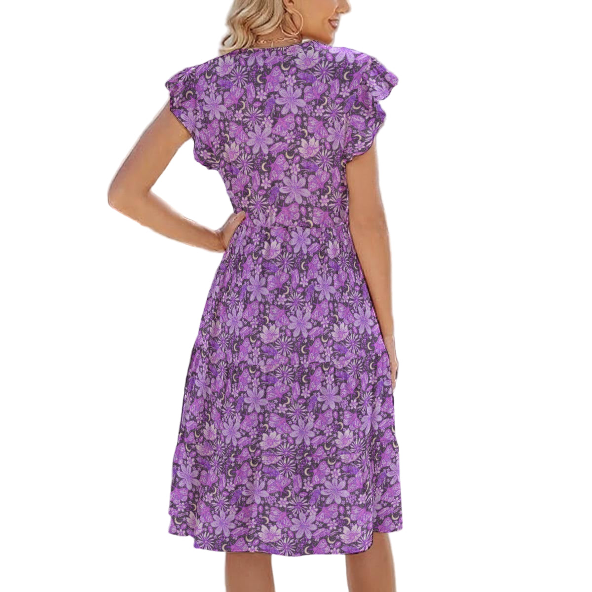 Purple Crystal Moths - Women's Tiered Pocket Midi Dress