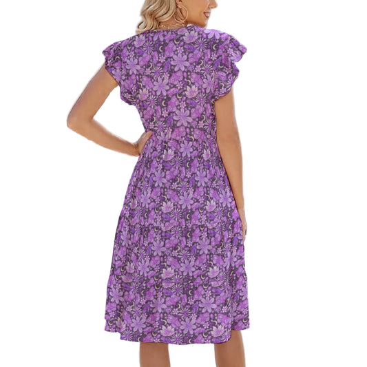 Purple Crystal Moths - Women's Tiered Pocket Midi Dress