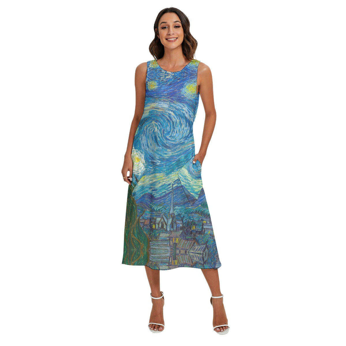 Van Gogh Starry Night - Women’s Diagonal Pocket Midi Dress