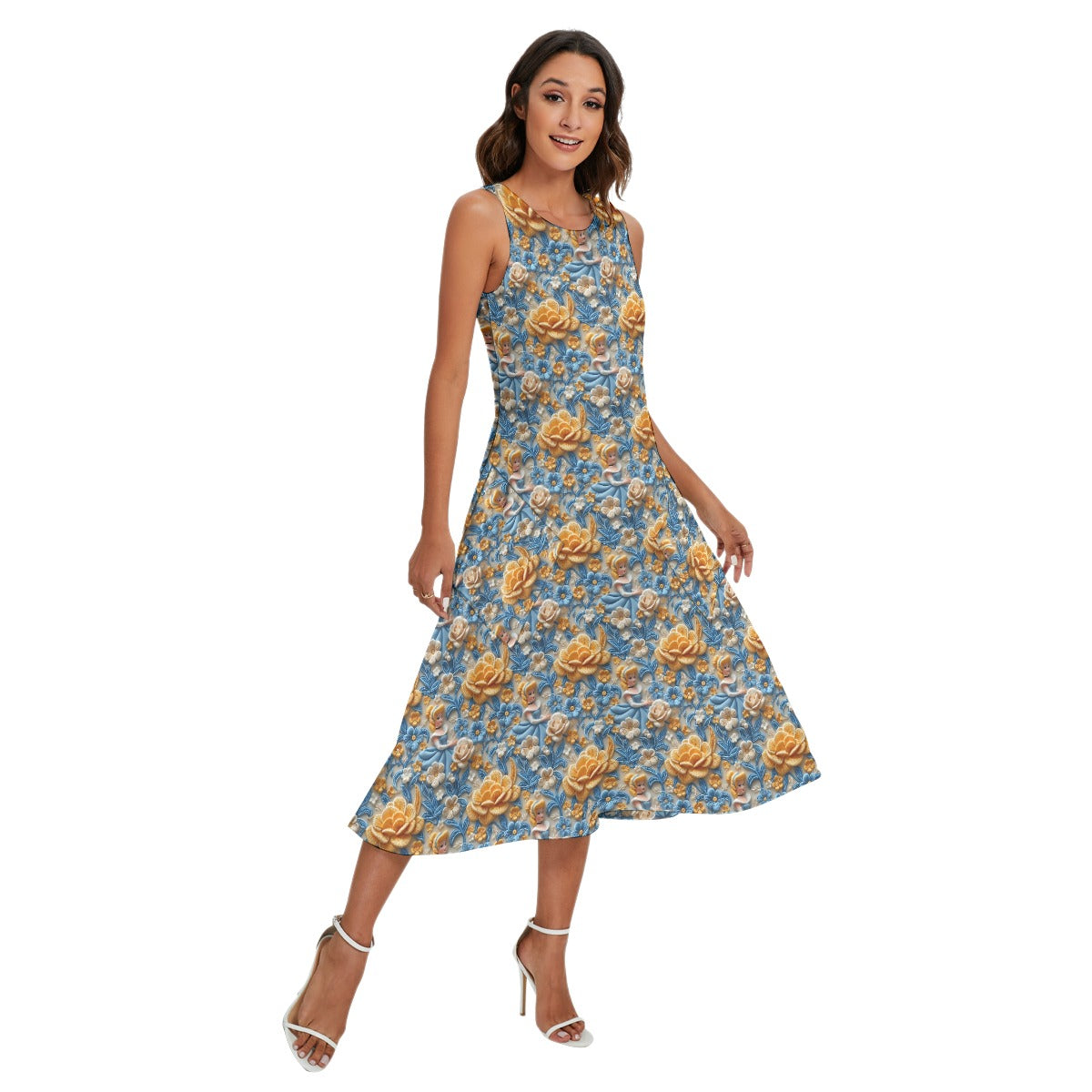 Regal Embroidered Cinderella - Women’s Diagonal Pocket Midi Dress
