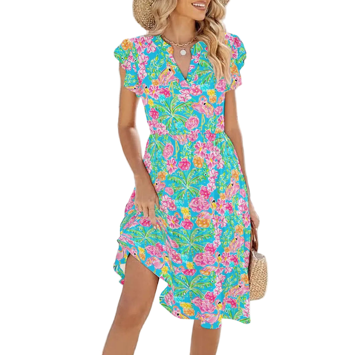 Flamingo Fiesta - Women's Tiered Pocket Midi Dress
