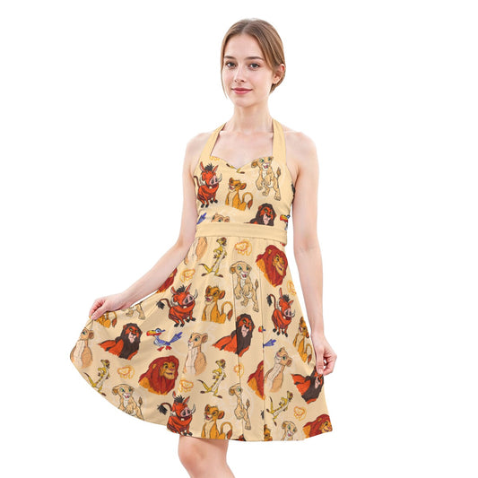 Sketched Savanna Friends - Women's Halter Vintage Pocket Dress