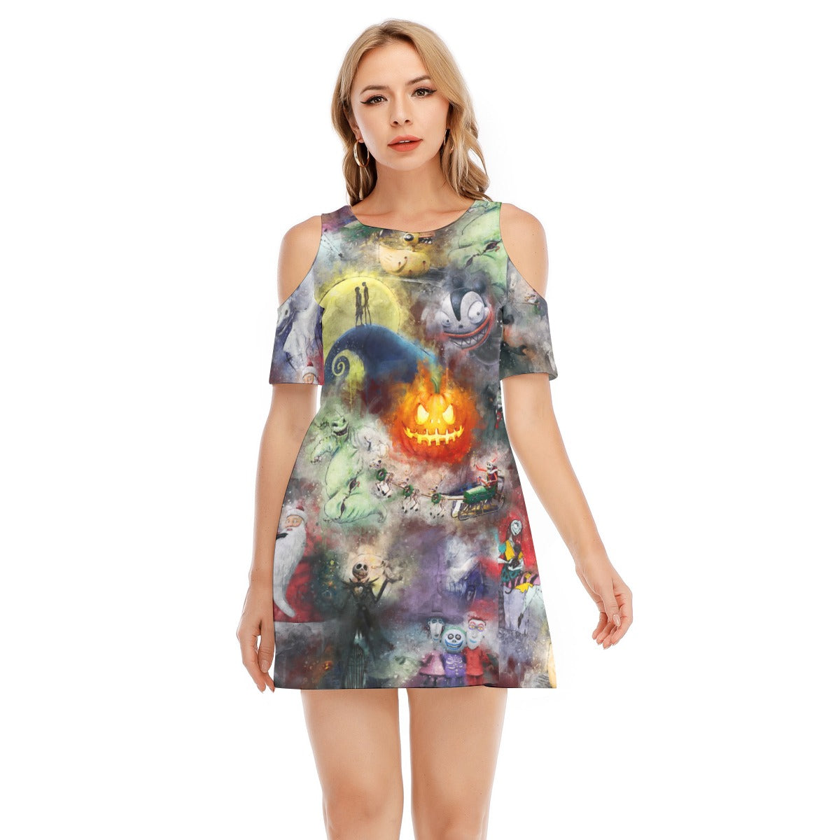 Watercolor Nightmare Town - Women's Cold Shoulder Cotton Dress