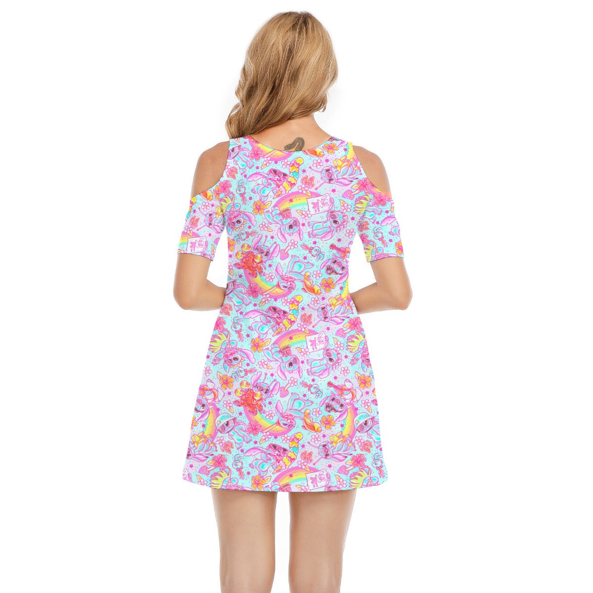 Neon Rainbow Mischief - Women's Cold Shoulder Cotton Dress