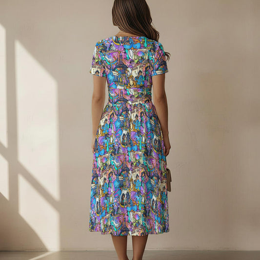 Magic Carpet Storybook Scenes - Women's V-Neck Ruched Midi Dress