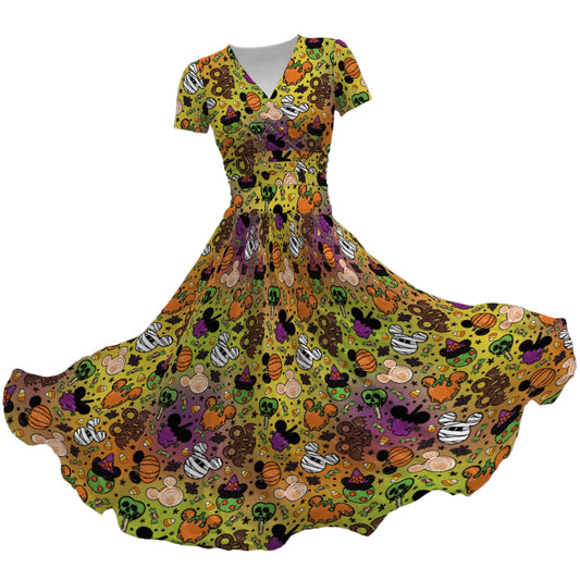 Monster Snacks Treats - Women's V-Neck Ruched Midi Dress