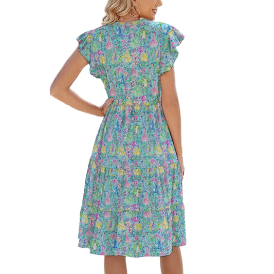 Bright Tropical Princess - Royal Garden Mashup - Women's Tiered Pocket Midi Dress