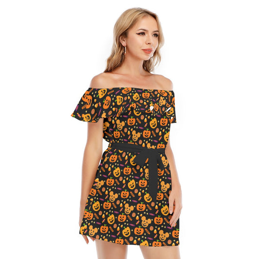 Cheerful Pumpkin Mouse Halloween - Women's Off-shoulder Ruffle Dress