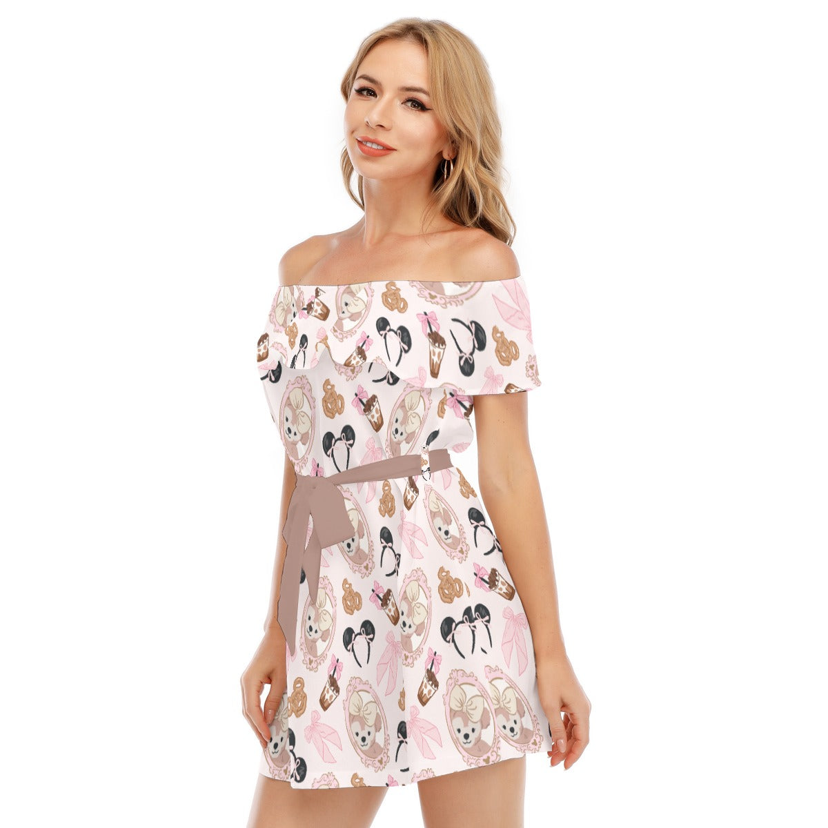 Bow Bear Sweet Day - Women's Off-shoulder Ruffle Dress