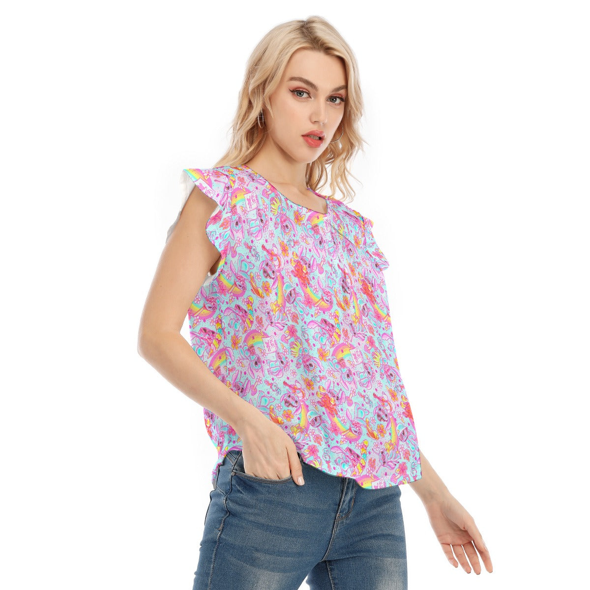 Neon Rainbow Mischief - Women’s Flutter Sleeve Top