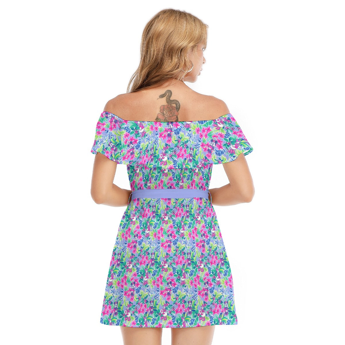 Bright Tropical Bliss - Island Mouse Duo - Women's Off-shoulder Ruffle Dress
