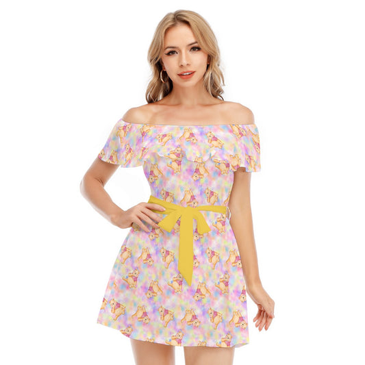 Watercolor Honey Bear - Women's Off-shoulder Ruffle Dress