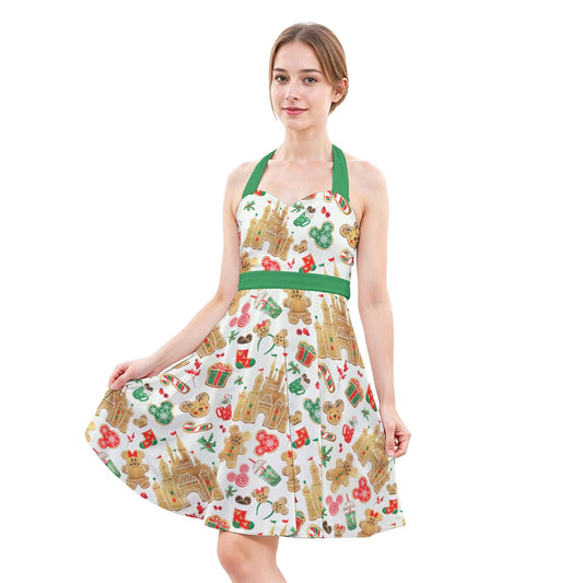 Gingerbread Castle Holiday Treats - Women's Halter Vintage Pocket Dress