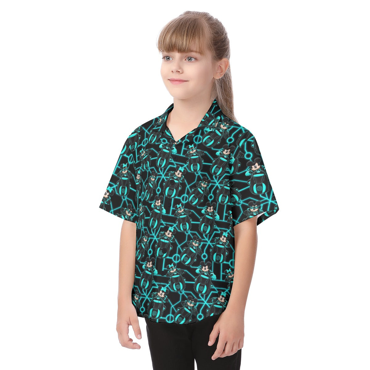 Electric Neon Grid Adventure - Kid's Hawaiian Button Up Shirt