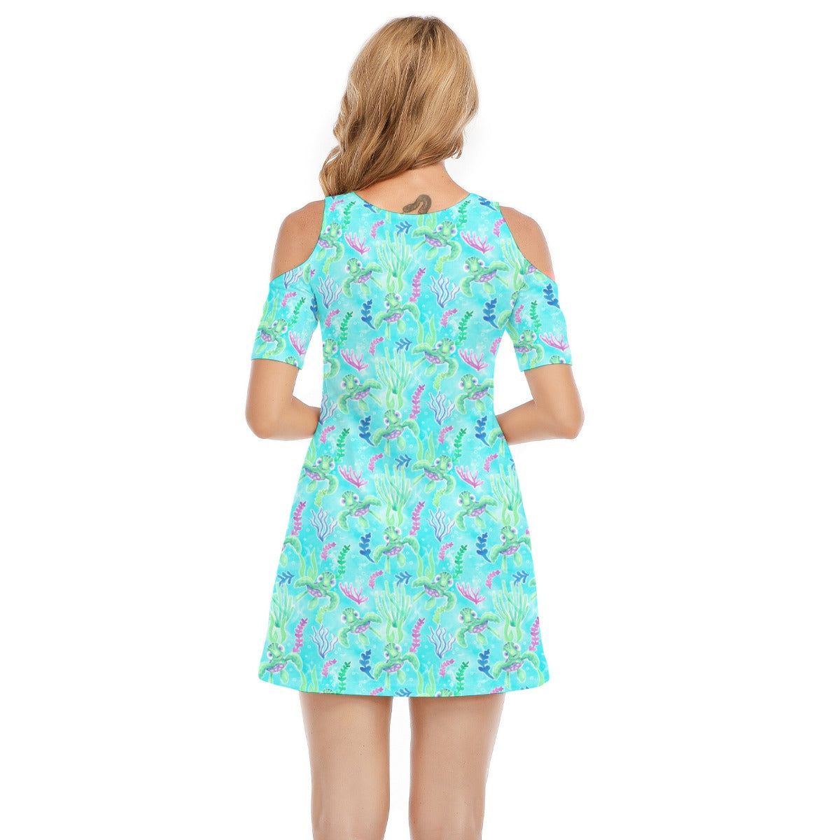 Neon Floral Baby Turtle - Women's Cold Shoulder Cotton Dress