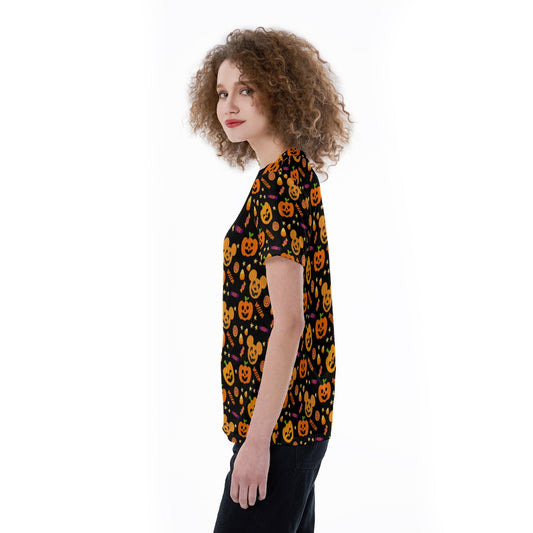 Cheerful Pumpkin Mouse Halloween - Women's Short Sleeve V-Neck T-Shirt