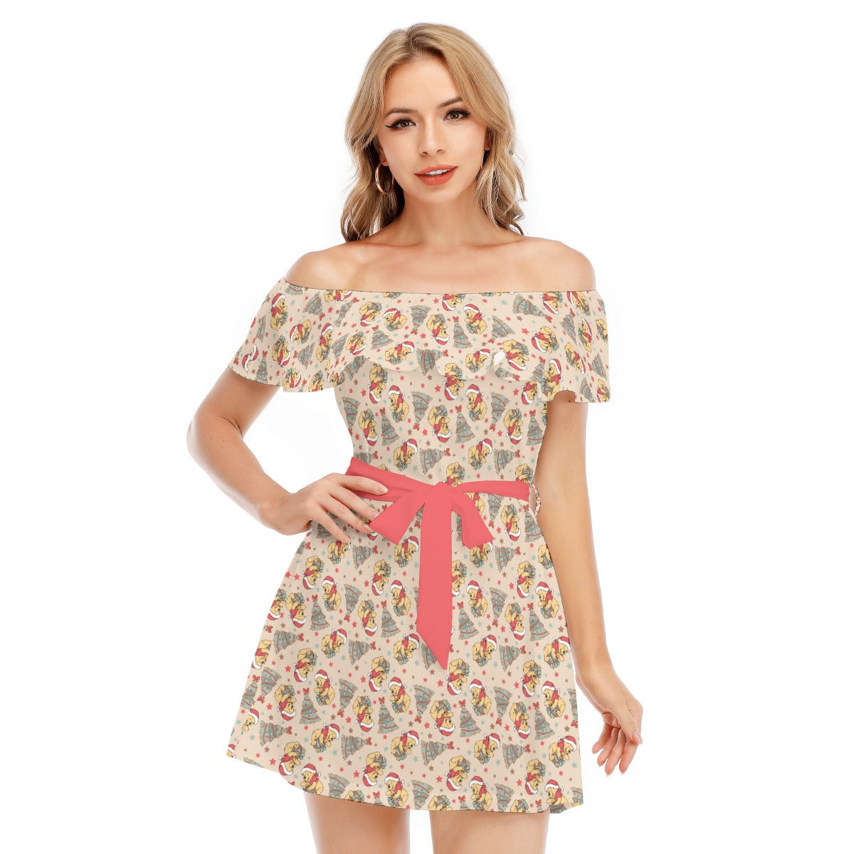 Cozy Bear Holiday Cheer - Women's Off-shoulder Ruffle Dress