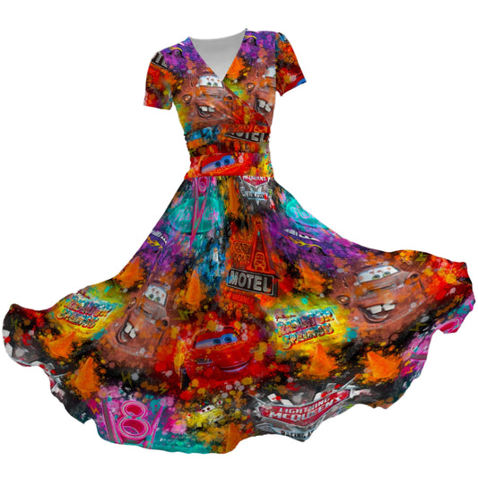 Watercolor Racing Adventure - Women's V-Neck Ruched Midi Dress