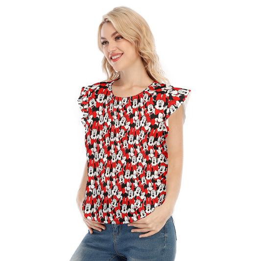 Many Faces of Polka Dot Mouse - Women’s Flutter Sleeve Top