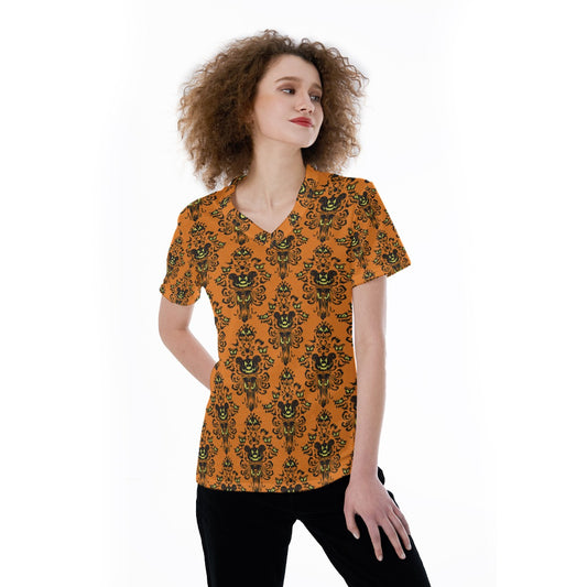 Haunted Halloween Mansion Wallpaper - Women's Short Sleeve V-Neck T-Shirt