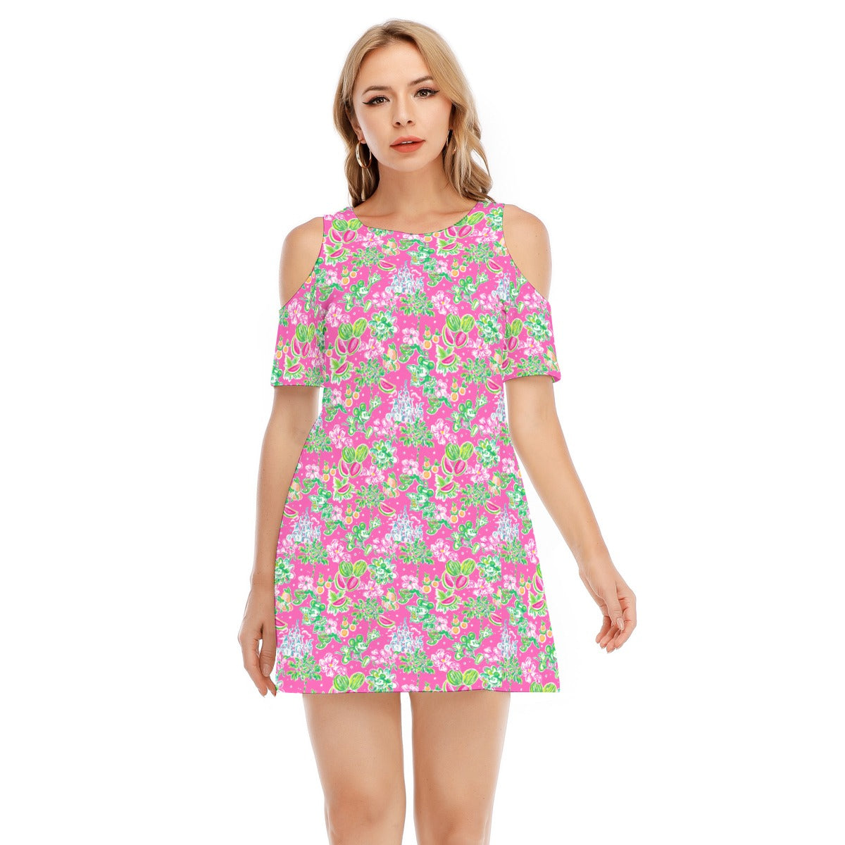 Bright Tropical Vibes - Watermelon Mouse Duo - Women's Cold Shoulder Cotton Dress