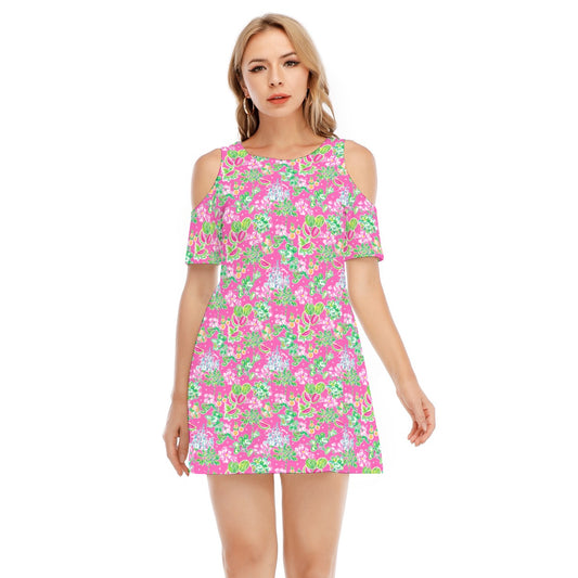 Bright Tropical Vibes - Watermelon Mouse Duo - Women's Cold Shoulder Cotton Dress