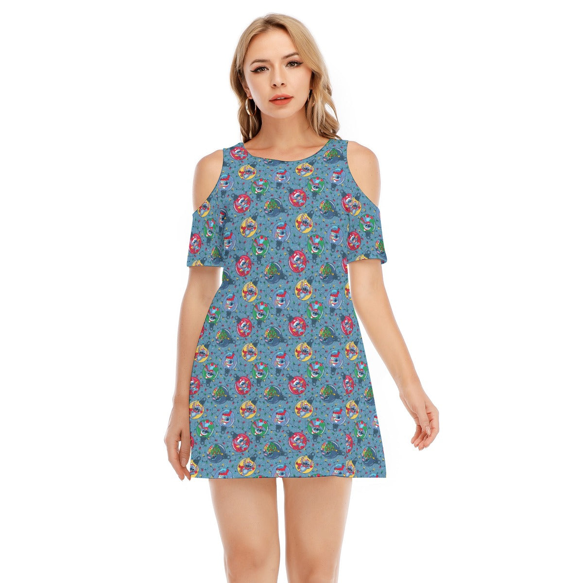 Holiday Baubles with Mischievous Blue Alien - Women's Cold Shoulder Cotton Dress