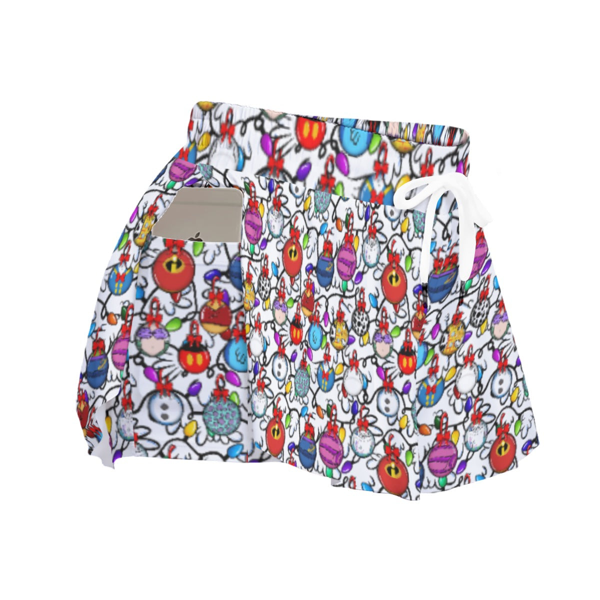 Festive Character Baubles on White - Women's Flowy Pocket Shorts