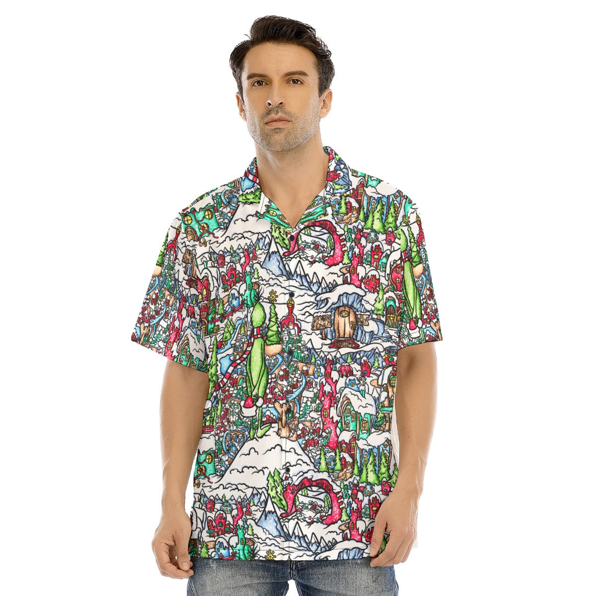 Whimsical Village Winter Wonderland - Men's Hawaiian Button Up Shirt