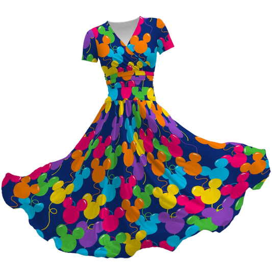 Bright Mouse Ear Balloons - Women's V-Neck Ruched Midi Dress
