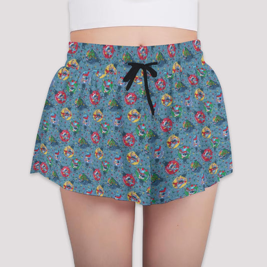 Holiday Baubles with Mischievous Blue Alien - Girls’ Flowy Pocket Shorts