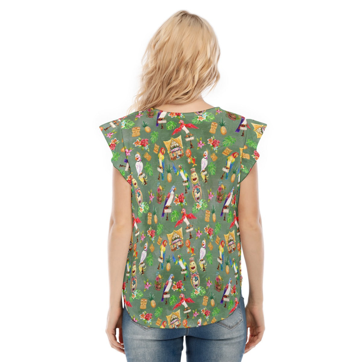 Orange Bird & Tiki Friends - Women’s Flutter Sleeve Top