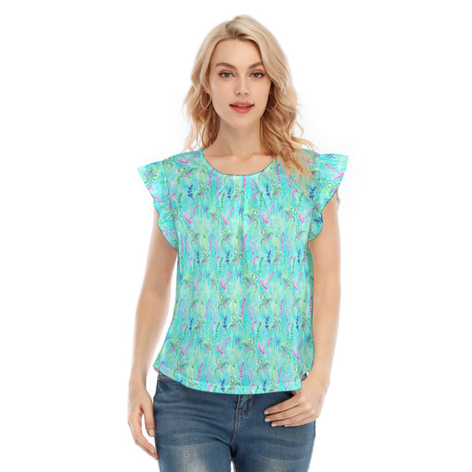 Neon Floral Baby Turtle - Women’s Flutter Sleeve Top