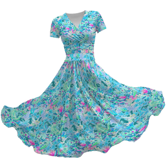 Bright Floral Flight - Neverland Adventure - Women's V-Neck Ruched Midi Dress
