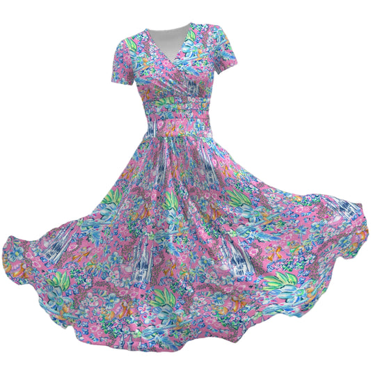 Bright Tropical Dreams - Enchanted Squeaky Helpers - Women's V-Neck Ruched Midi Dress