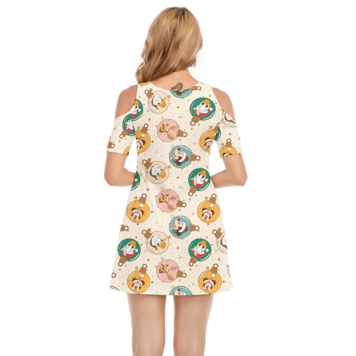 Golden Holiday Baubles - Women's Cold Shoulder Cotton Dress