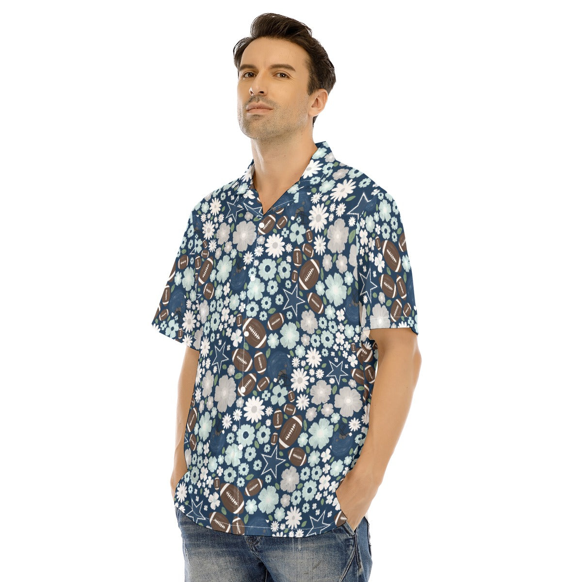 Blue Star Blooms - Men's Hawaiian Button Up Shirt