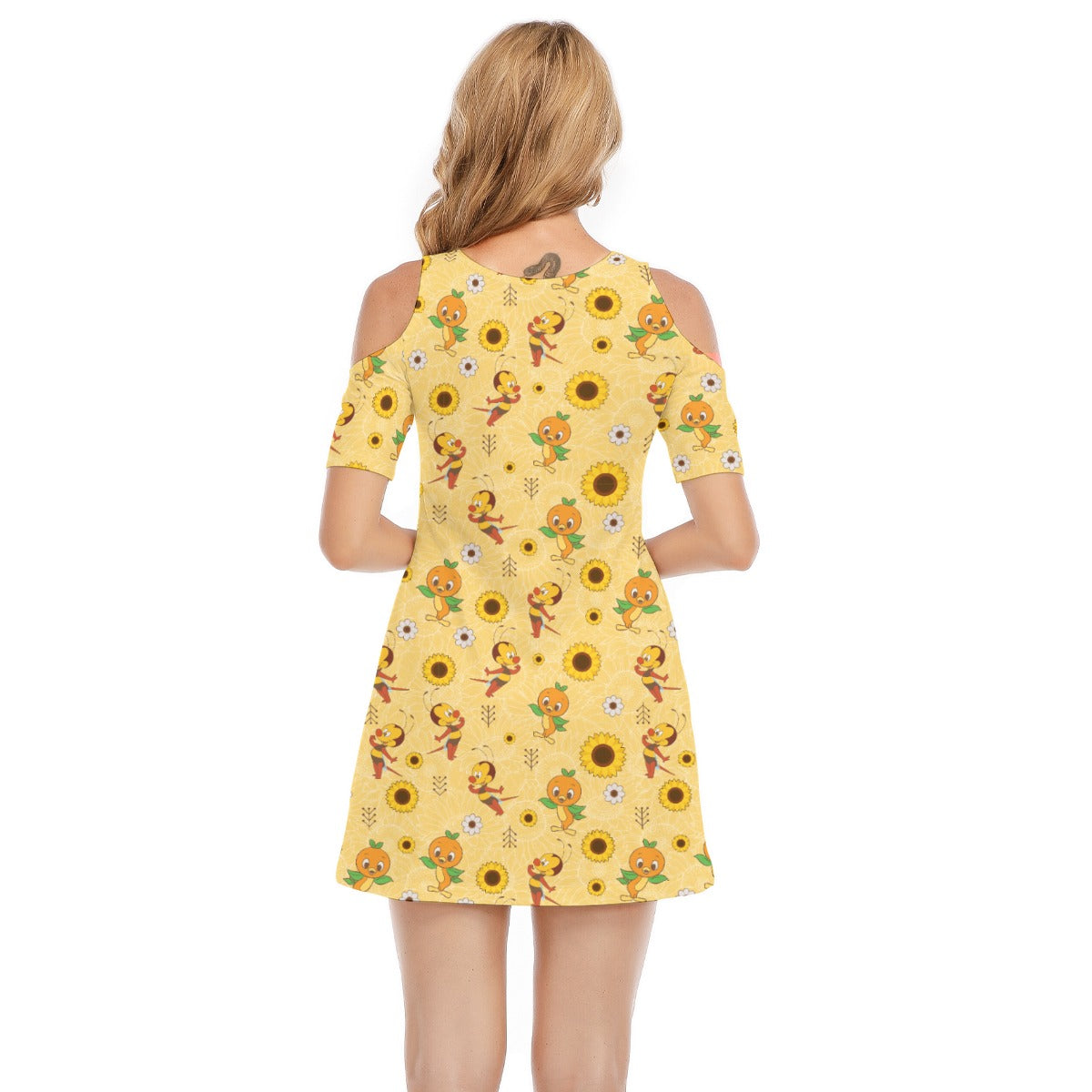 Cheerful Bee & Citrus Bird - Women's Cold Shoulder Cotton Dress