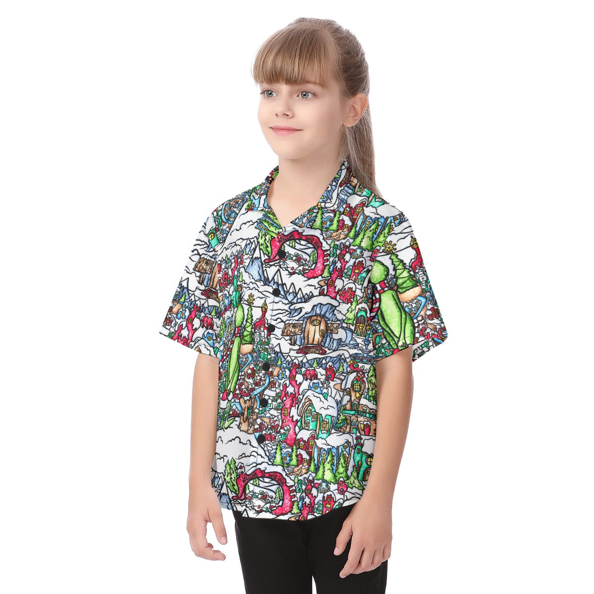 Whimsical Village Winter Wonderland - Kid's Hawaiian Button Up Shirt