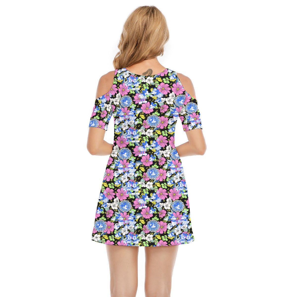 Garden Whimsy - Vintage Mouse Romancennie - Women's Cold Shoulder Cotton Dress