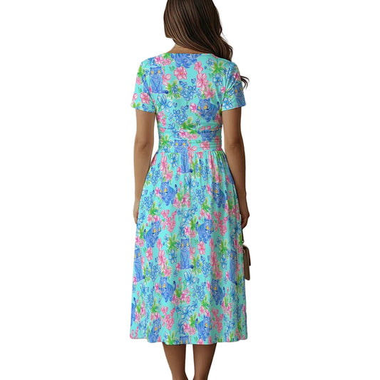 Derpy Tiger Blooms - Women's V-Neck Ruched Midi Dress