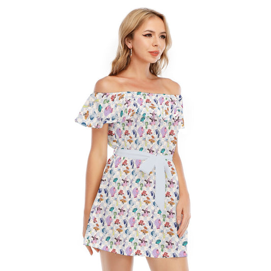 Blue Check Emotional Spectrum - Women's Off-shoulder Ruffle Dress