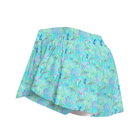 Neon Floral Baby Turtle - Women's Flowy Pocket Shorts