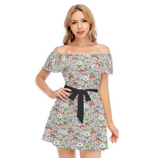 Sketch Autographs of Animated Toy Friends - Women's Off-shoulder Ruffle Dress