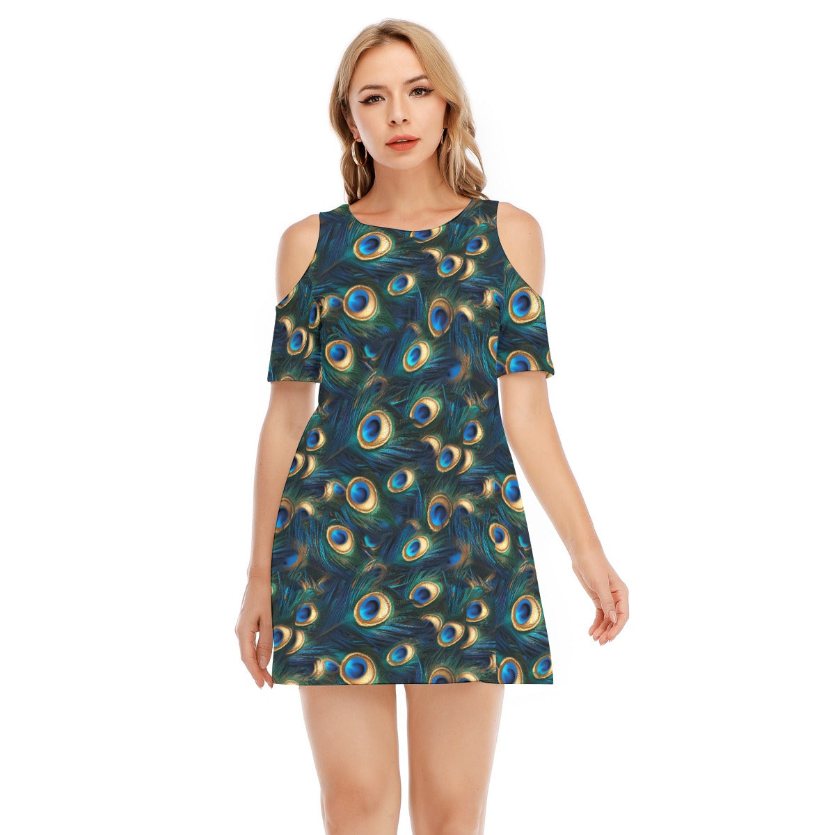 Animal Print - Peacock - Women's Cold Shoulder Cotton Dress