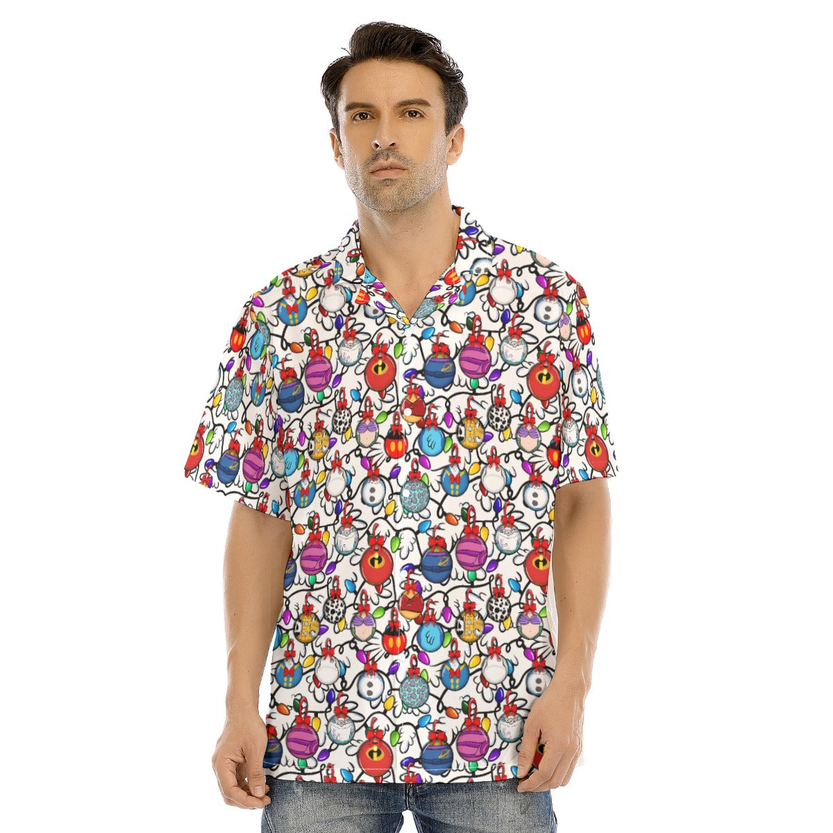 Festive Character Baubles on White - Men's Hawaiian Button Up Shirt