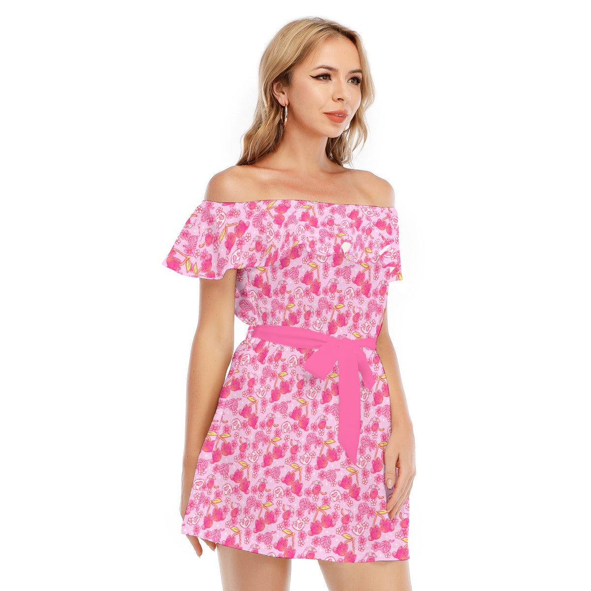 Fruitimals - Cherry Kittens - Women's Off-shoulder Ruffle Dress